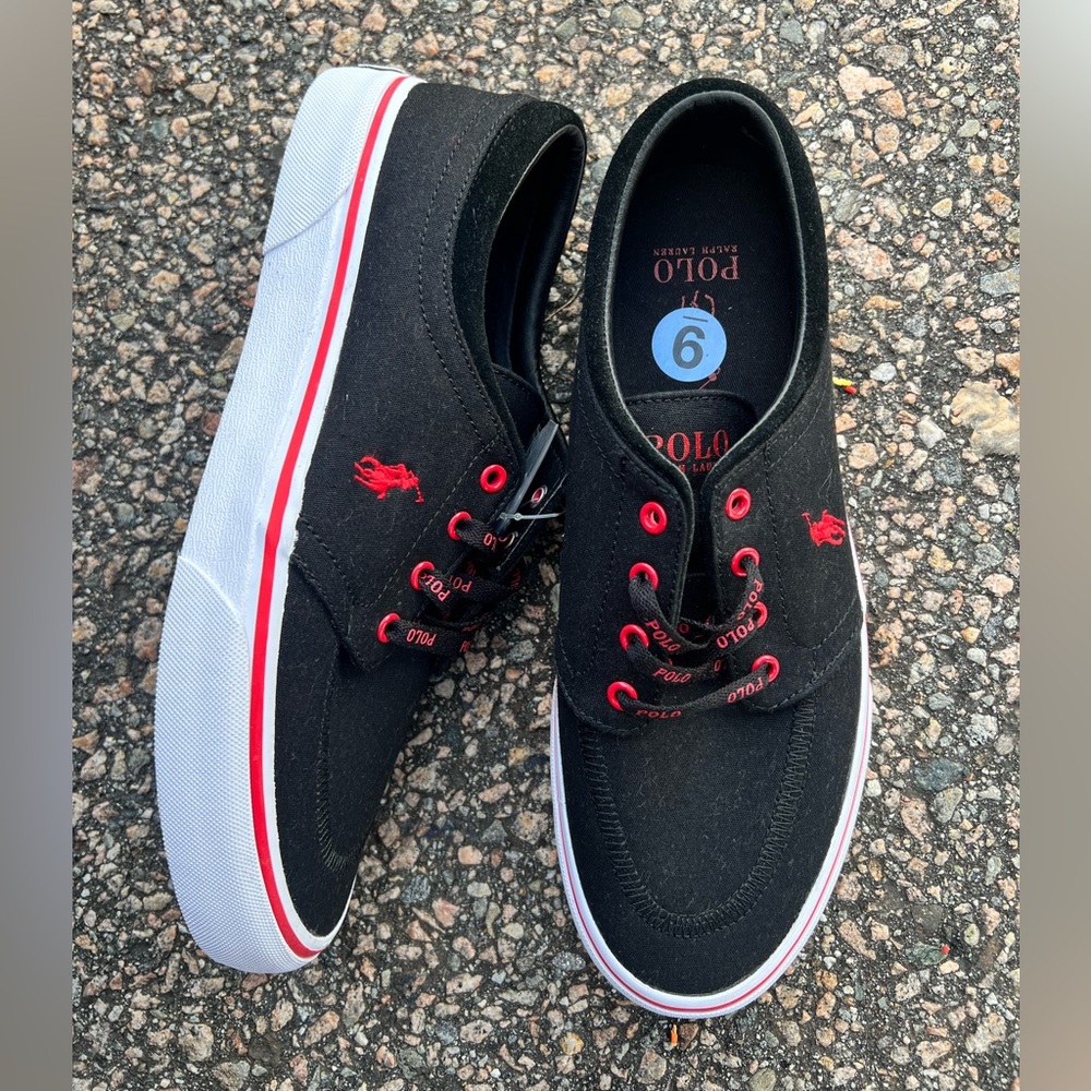NEW Polo Ralph Lauren Shoes Mens 9 Faxon Black Red Pony Athletic Tennis Sneaker